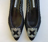 Manolo Blahnik Hangisi Black Lace Rhinestone Buckles Flats Shoes