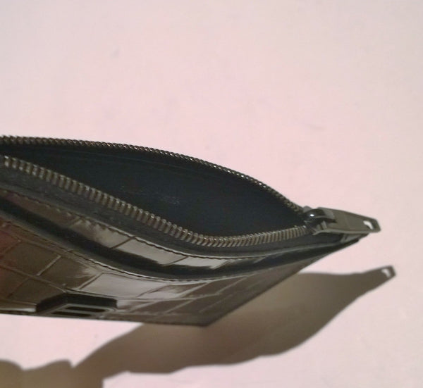 Balenciaga Black Patent Leather Card Case B Logo Croc Embossed Wallet Coin Holder