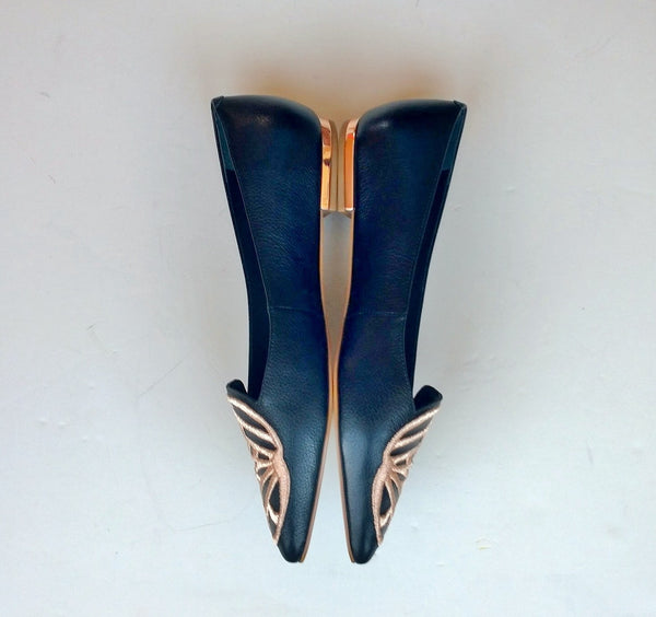 Sophia Webster Butterfly Bibi Flats in Black Leather with Rose Gold